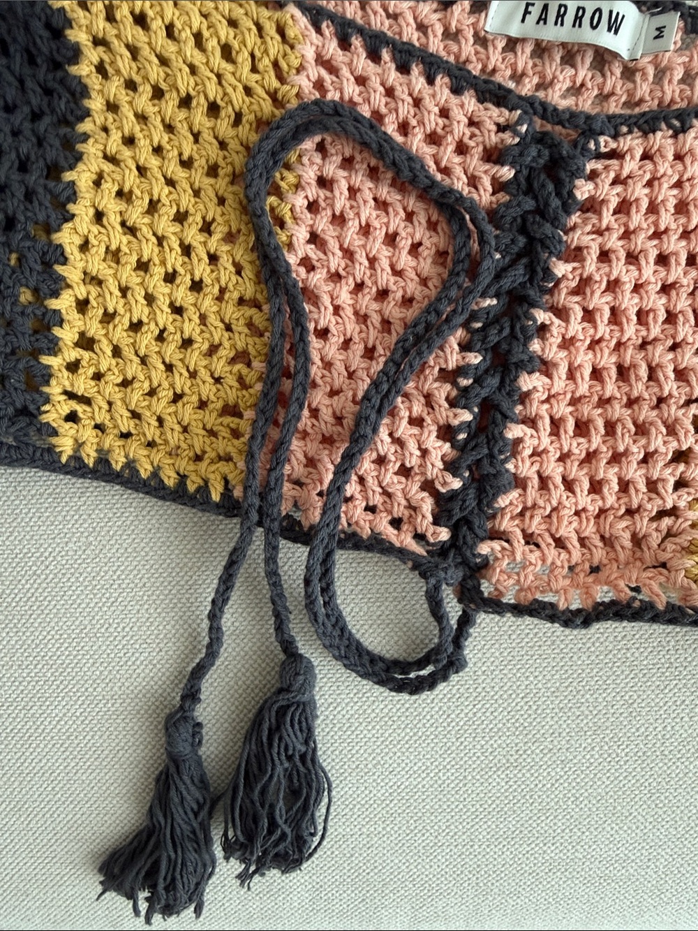 Tie-Front Crochet Colorblock Crop Top in Yellow, Pink & Black - Picture 5 of 6